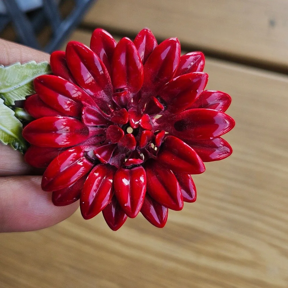 Vintage Red Enamel Painted Flower On Stem Brooch Pin‎ 3.54